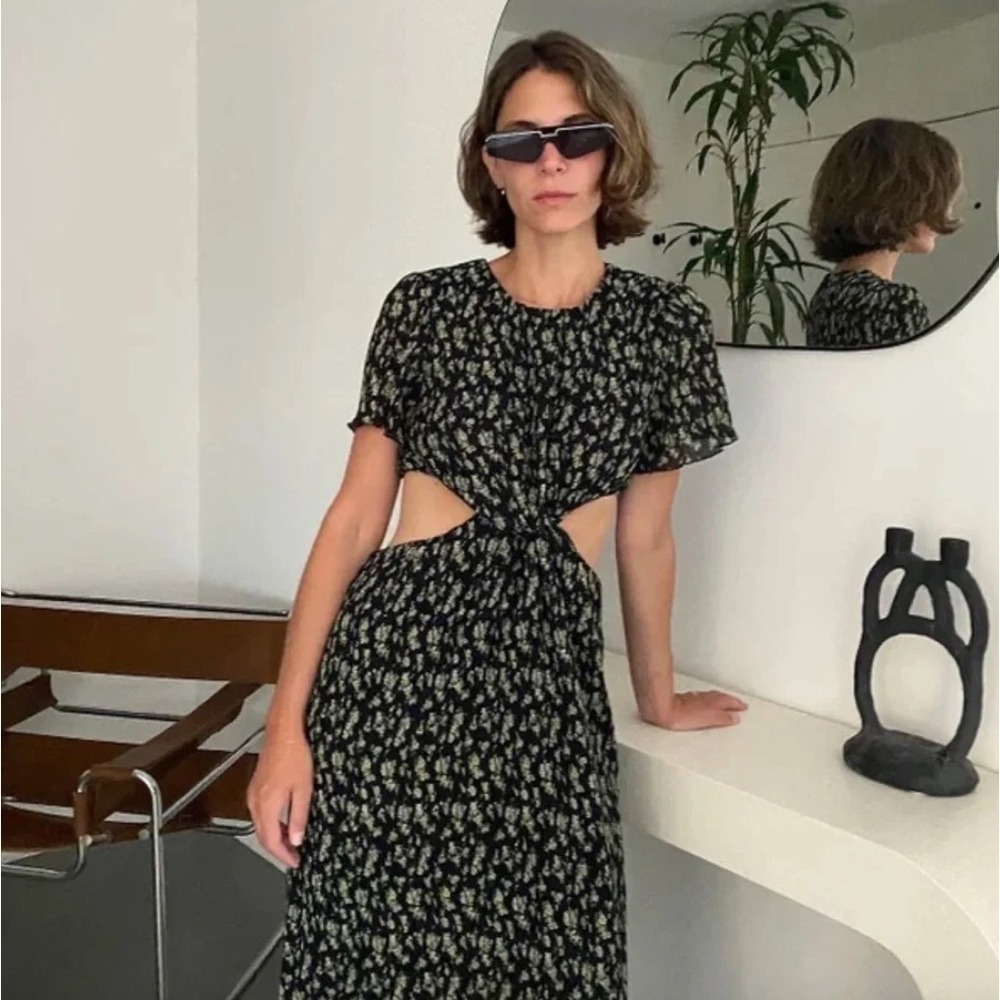 Who‎ What Wear Collection Floral Plisse Maxi Dress Black Green Cut Out Small